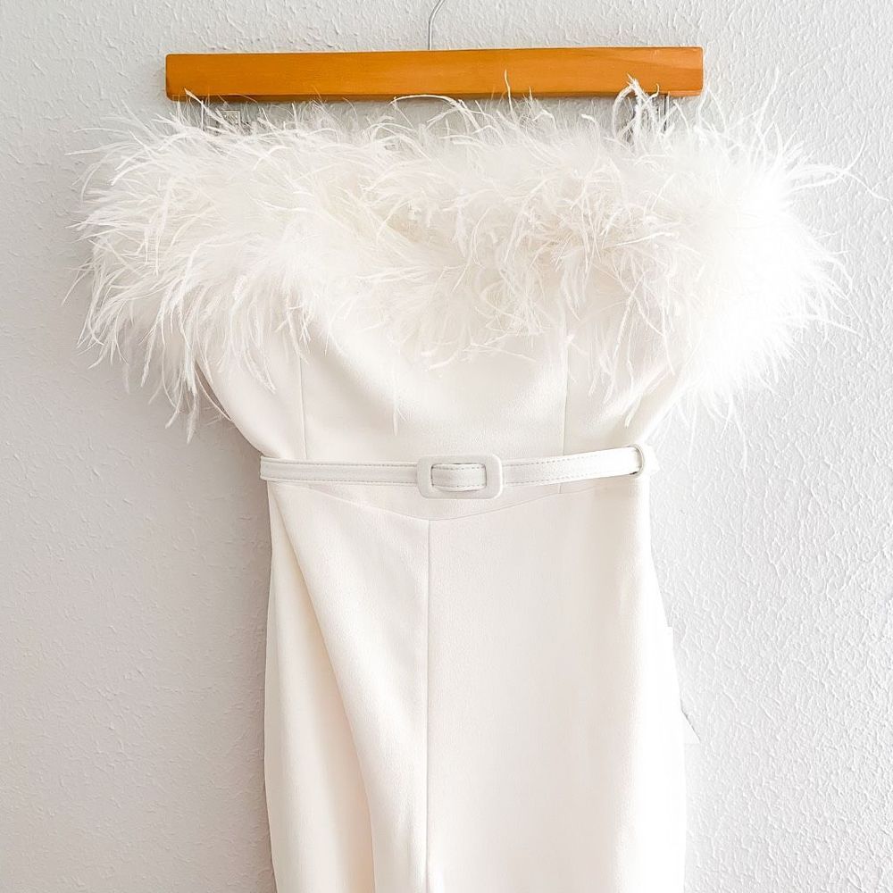 Nadine Merabi Jumpsuit White Colette Strapless Feathers New Size Small 6 - Picture 6 of 15
